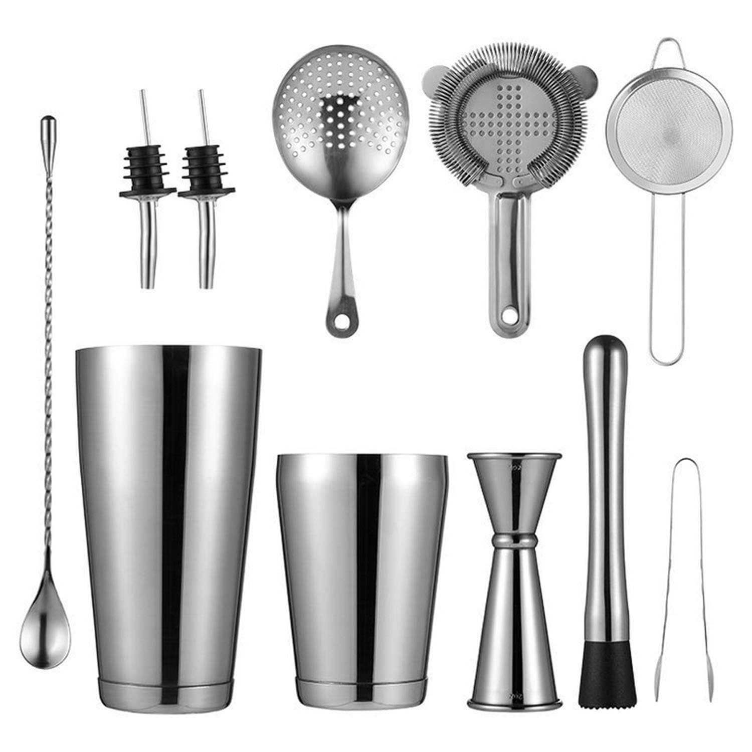 N/S 11pcs Bartender Tools Set Boston Cocktail Shaker Tins Cocktail Strainer Double Jigger Bar Spoon Set for Drink Mixer Bartending -Silver
