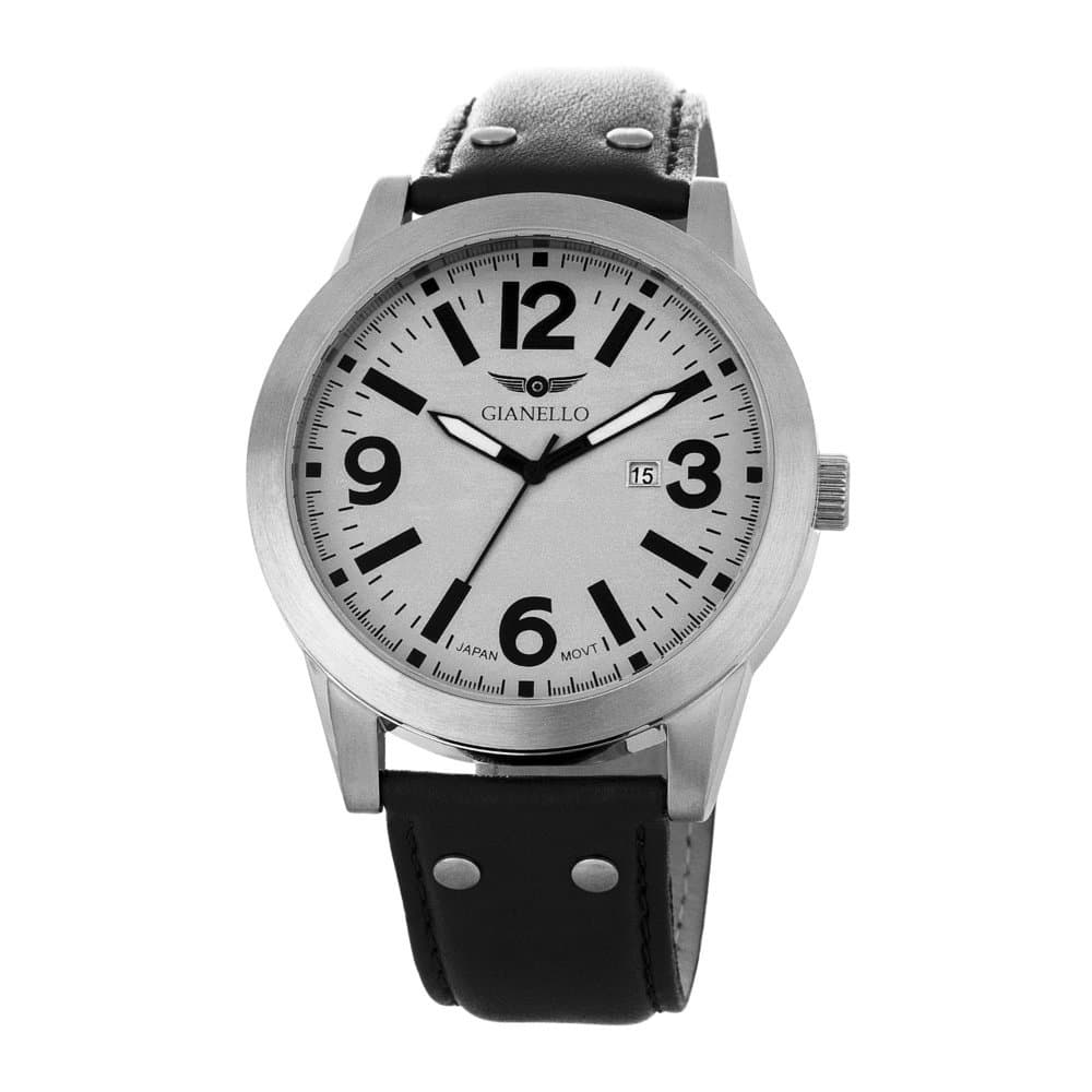 Gianello Men's Leather Strap Riveted Watch with Date Display, Silver