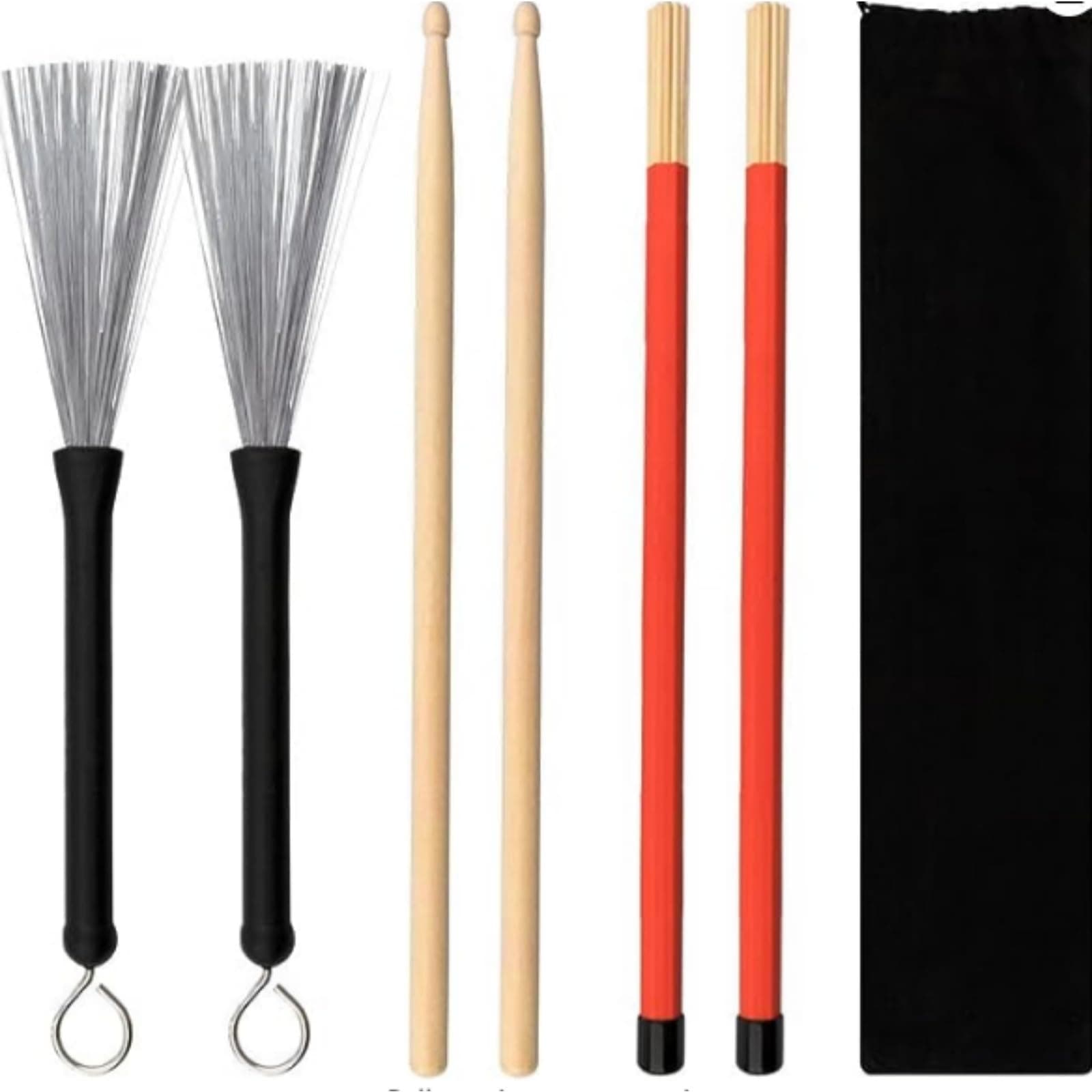 URlighting Drum Sticks Set - 1 Pair 5A Drum Sticks，1 Pair Drum Rod Brushes Sticks，1 Pair Drum Wire Brushes with Storage Bag for Kids, Adults, Rock Band, Jazz Folk, Students