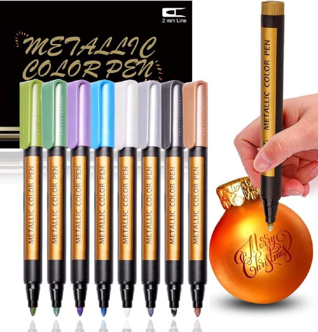 - 8 Pc Metallic Art Marker Paint Pen Set Water-Based Shimmer Ink Fine Tip Color Shades for Glass, Metal, Ceramic, Art Projects Fine Metallic Markers Set, Ideal for DIY Crafts, Creative Gifts