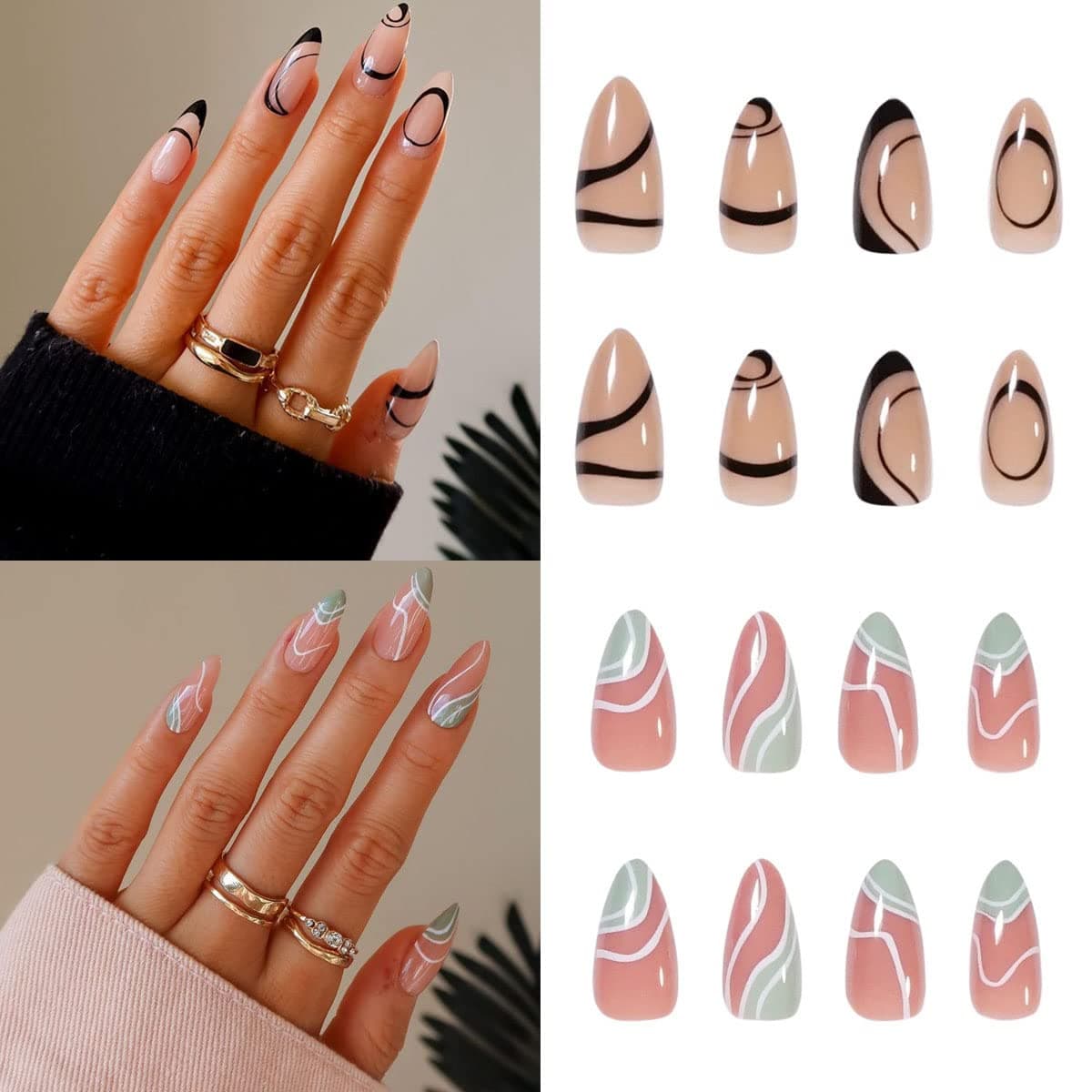 JUNPU 48 Pieces 2 Packs French Tip False Nails Short Press on Nails,Black Wavy Lines Almond Fake Nail Set with Adhesive Tabs,Full Cover Stick for Women Girls