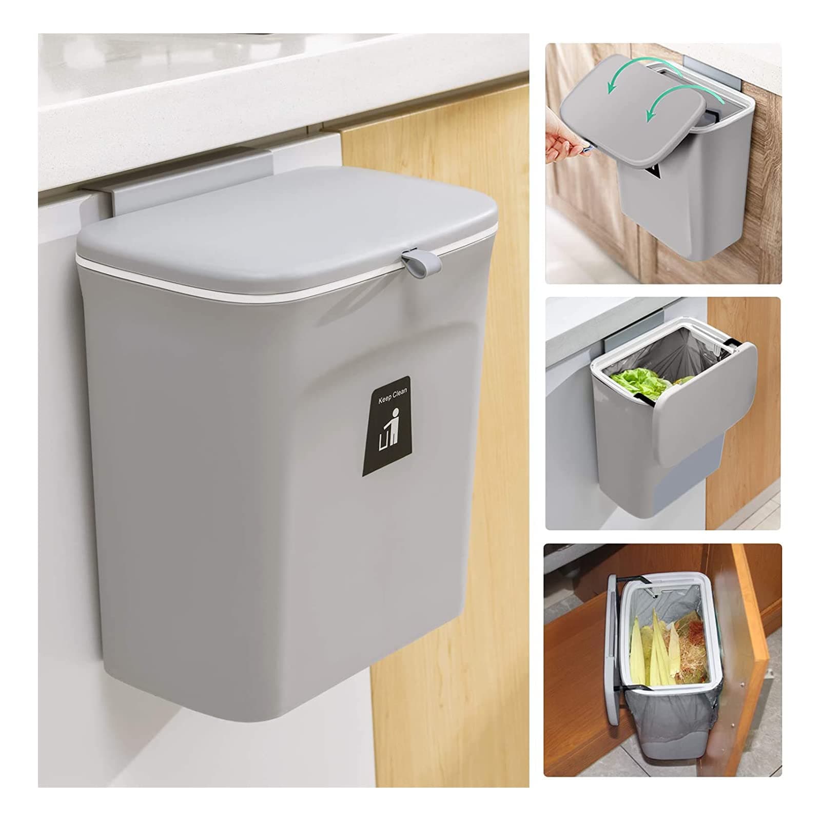 Kitchen Trash Can for Countertop or Under Sink, Mountable Indoor Composter,Hanging Small Trash Can with Lid for Cabinets/Bathroom/Bedroom/Office/Camping, 2.4 Gallon (Grey)