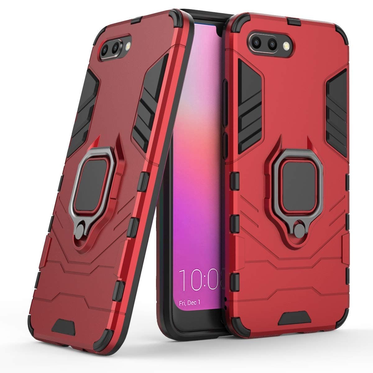 Compatible with Honor 10 Case, Metal Ring Grip Kickstand Shockproof Hard Bumper Shell (Works with Magnetic Car Mount) Dual Layer Rugged Cover for Huawei Honor10 (Red)
