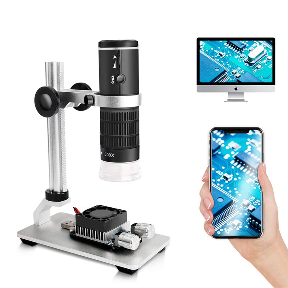 WiFi Digital Microscope for iPhone Android Phone Mac Windows, HD 1080P/720P Video Record 50-1000X Magnification Wireless Portable Microscope with Adjustable Metal Stand and Carrying Bag