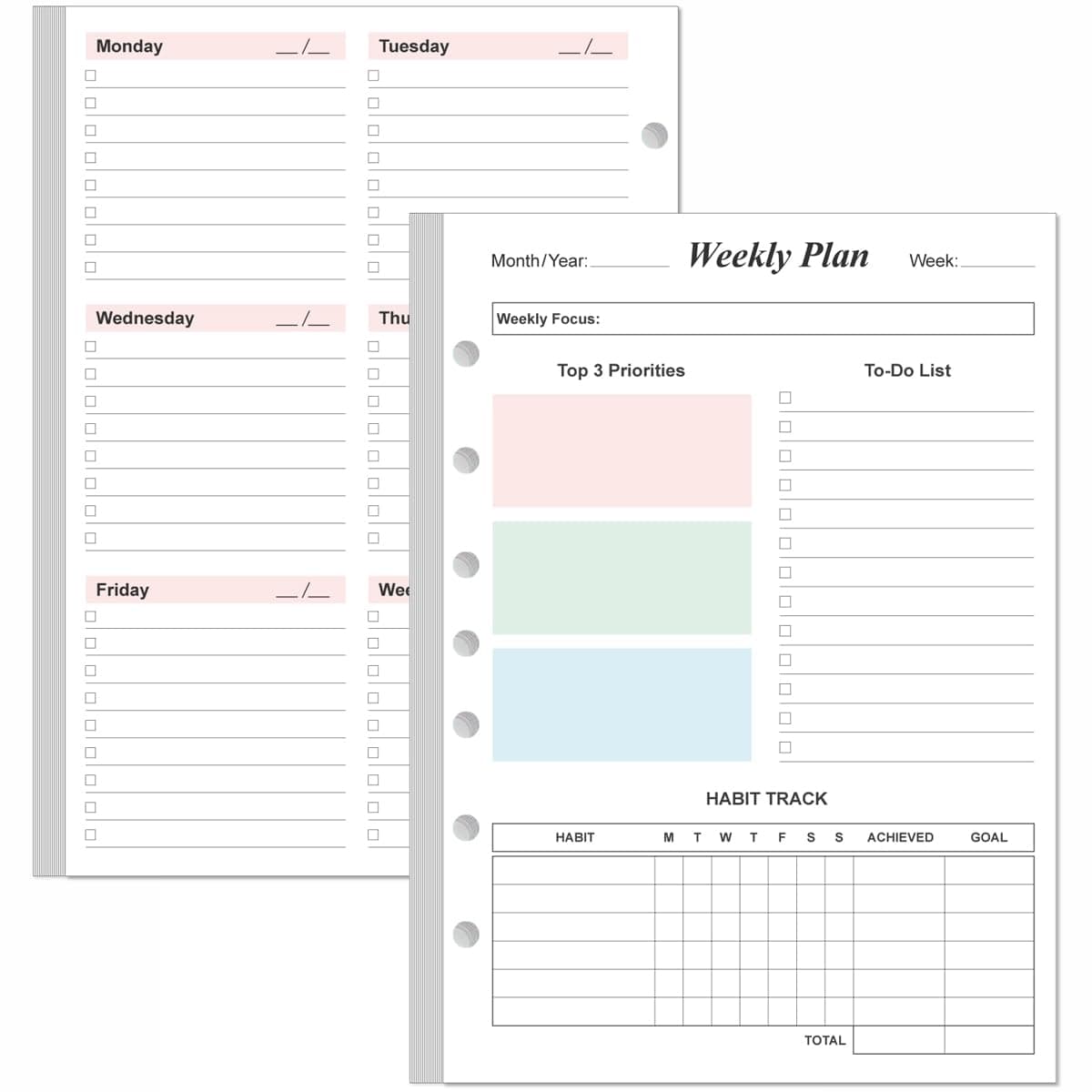 Weekly Planner Refills for 3 or 7 Ring Mini Binders - 53 Sheets/106 Pages Undated Colorful Weekly Planner, 100 gsm White Paper, Lasts 1 Year, Undated, 5.8" x 8.3"