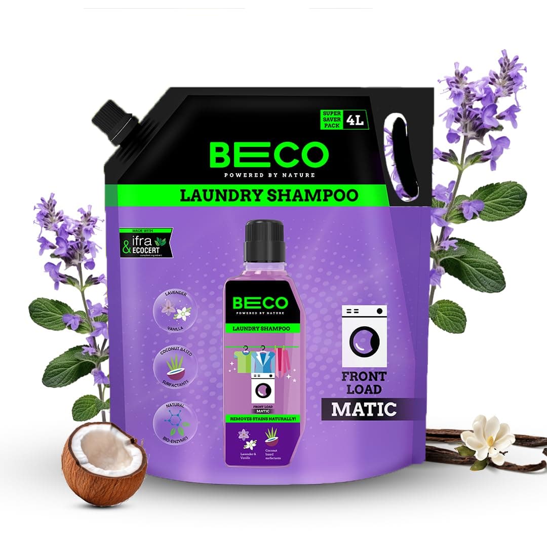 Natural Liquid Detergent Front Load-4L Refill Pack | Tough Stain Removal | Lavender & Vanilla Freshness | Retains Brightness & Shine | Chemical Free | Front Load Washing Machine Detergent Liquid