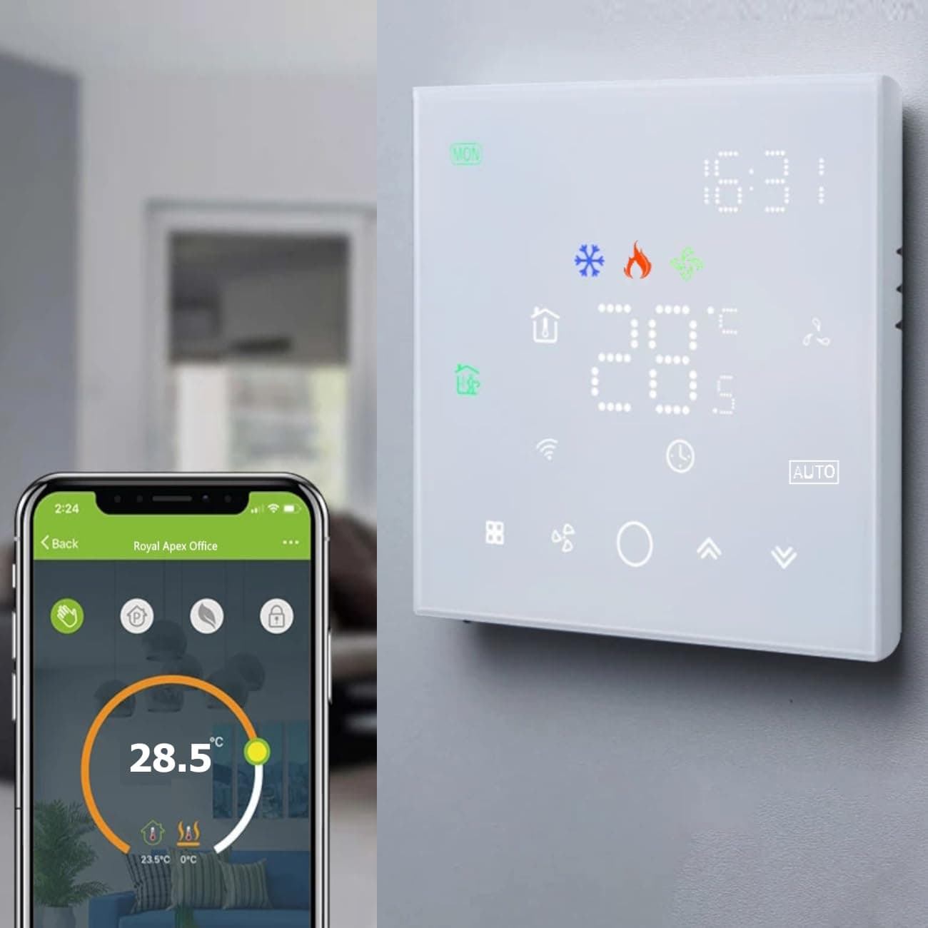 Melfi™ Wifi Programmable AC Smart Thermostat MATRIX 24VAC | Energy Saving FCU Central Air Conditioner Controller with Alexa Echo Google Home | 3 Speed Fan with Auto & Child Lock (MATRIX WHITE 24VAC)