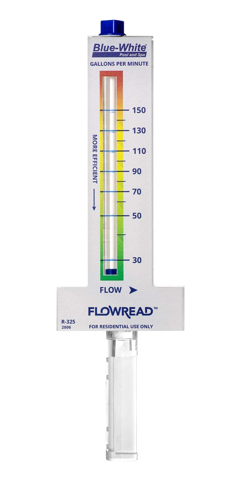 Blue-White FLOWREAD® R-325, 30-150 GPM, Acrylic Flow Meter for 2.50" ID Pipe, accurate flow rate measurement for residential swimming pools