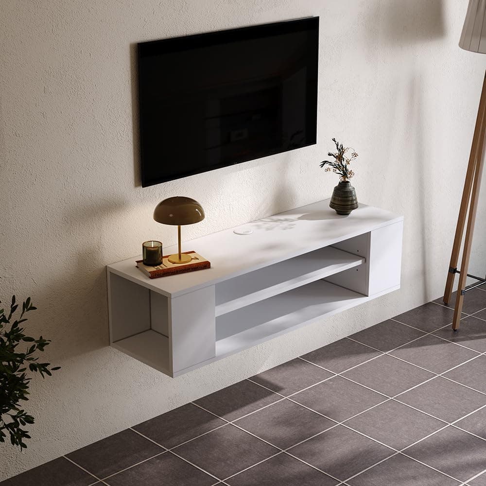 Floating TV Unit Wall Mounted TV Unit with Router and Cable Holes Media Wall Units for Living Room(White, 100cm)