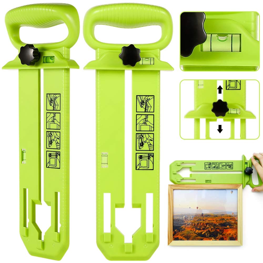 Picture Hanging Tool, Picture Frame Hanger Tool with Level Ruler Picture Hanger Wall Hanging Kit Measuring Tool Suitable for All Wall Materials (Hanging Tool-Green)