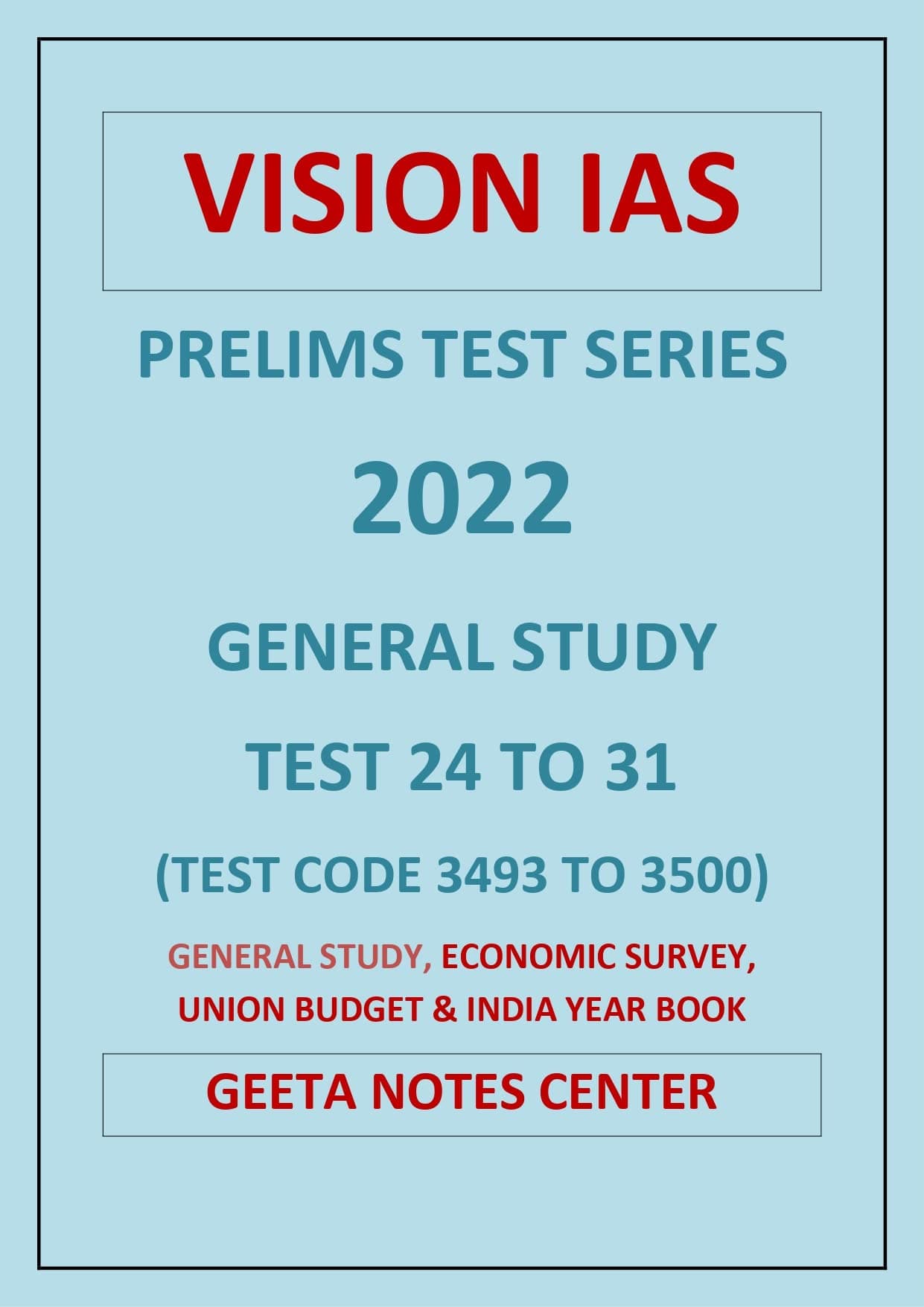 Vision ias Upsc Prelim 2022 General Study Test Series Test 24 to 31 English Medium Photocopy