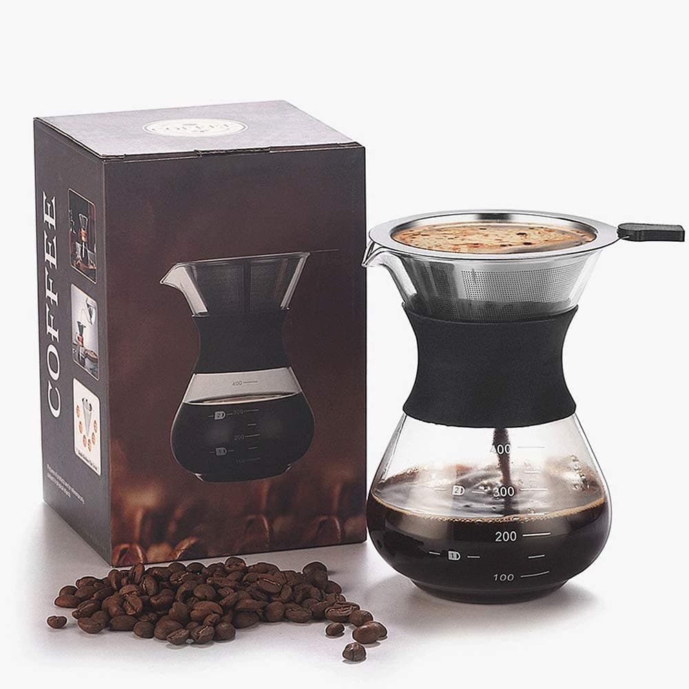 Womdee Pour Over Coffee Maker Set-Pour Over Coffee Dripper with Reusable Stainless Steel Drip Filter Elegant Coffee Dripper Pot Glass Carafe & Permanent Stainless Steel Filter