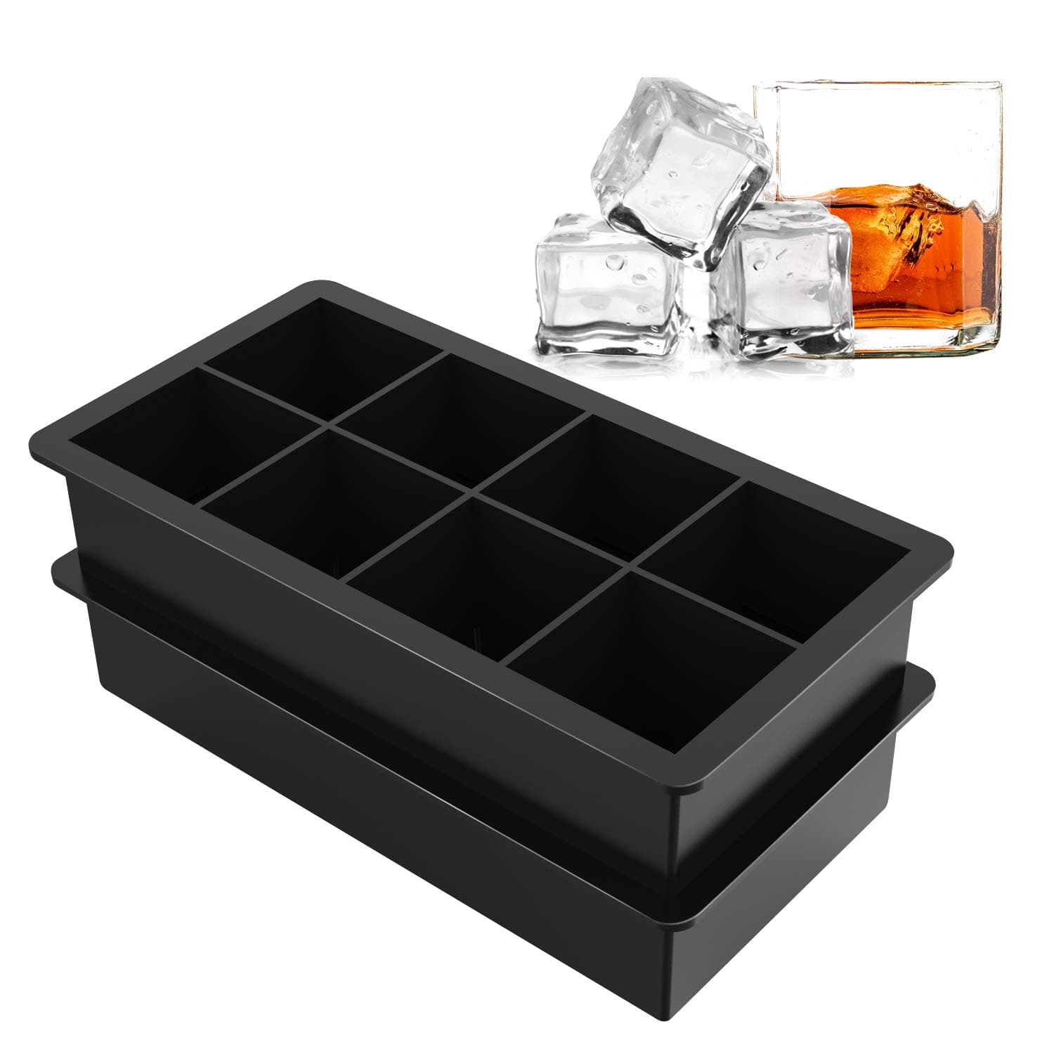 Ice Cube Trays Large Size Silicone Square Ice Cube Molds for making 8 Giant Ice Cubes for Whiskey and Cocktails, Keep Drinks Chilled, Reusable and BPA Free 2 Pack
