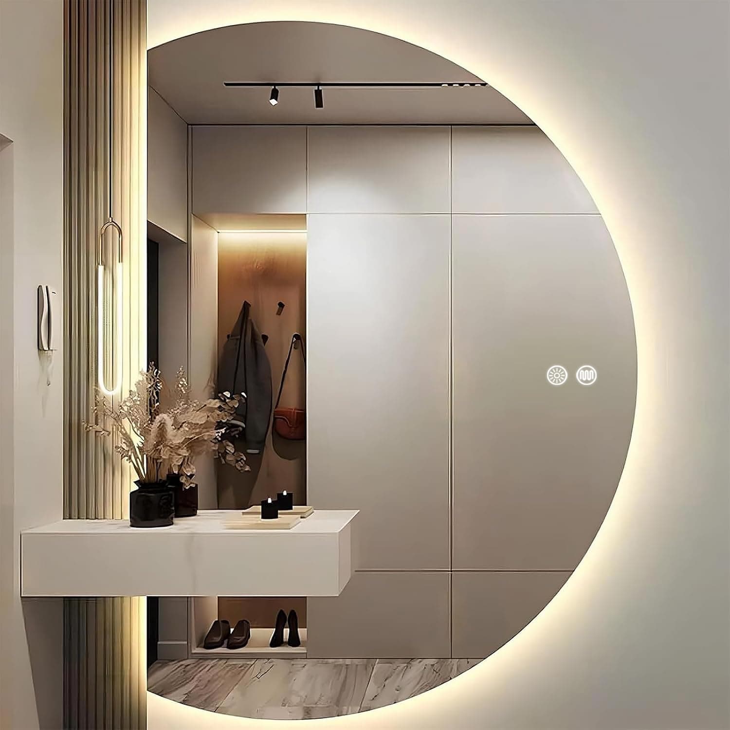 Smart Half Circle Wall Mounted Mirror With LED Backlit 3-Color Dimmable Light, Large Defogging Makeup Bathroom Half Moon Design for Living Room Bedroom (84*120cm)