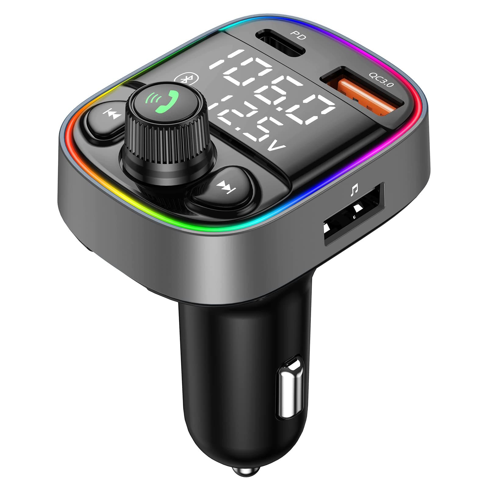 Bluetooth 5.4 Bluetooth Car Adapter, FM Transmitter with QC3.0/Type-C 42W Fast Charging, Dual LED Display, HiFi Bass, Handsfree Calls/Audio Transmitter, TF/USB Music Player, 7-Color Backlit