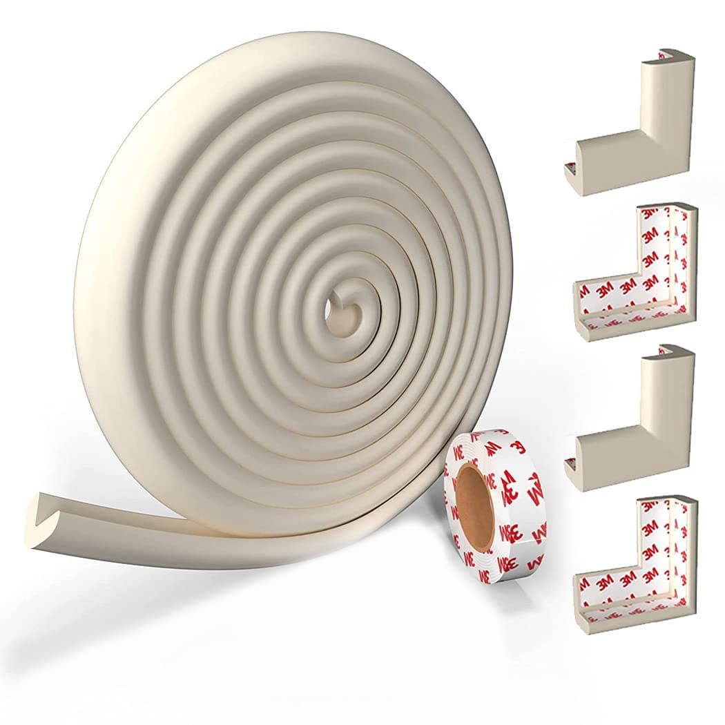 Qniceone Edge and Corner Protector for kids 13.1ft(4m), Safety Baby Proofing Foam Cushion Set for Infant Child, Soft Bumper Strip for Table, Bed, Furniture- with 4 Corners Protector-Beige