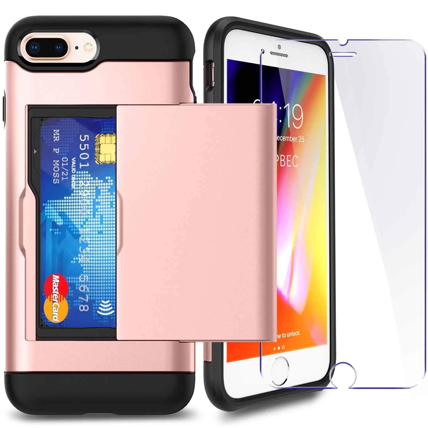 iPhone 7P/ 8P Plus Case with Card Holder and[ Screen Protector Tempered Glass x2Pack] SUPBEC i Phone 7 plus / 8 plus Wallet Case Cover with Shockproof Silicone TPU + Anti-Scratch Hard PC (Rose Gold)