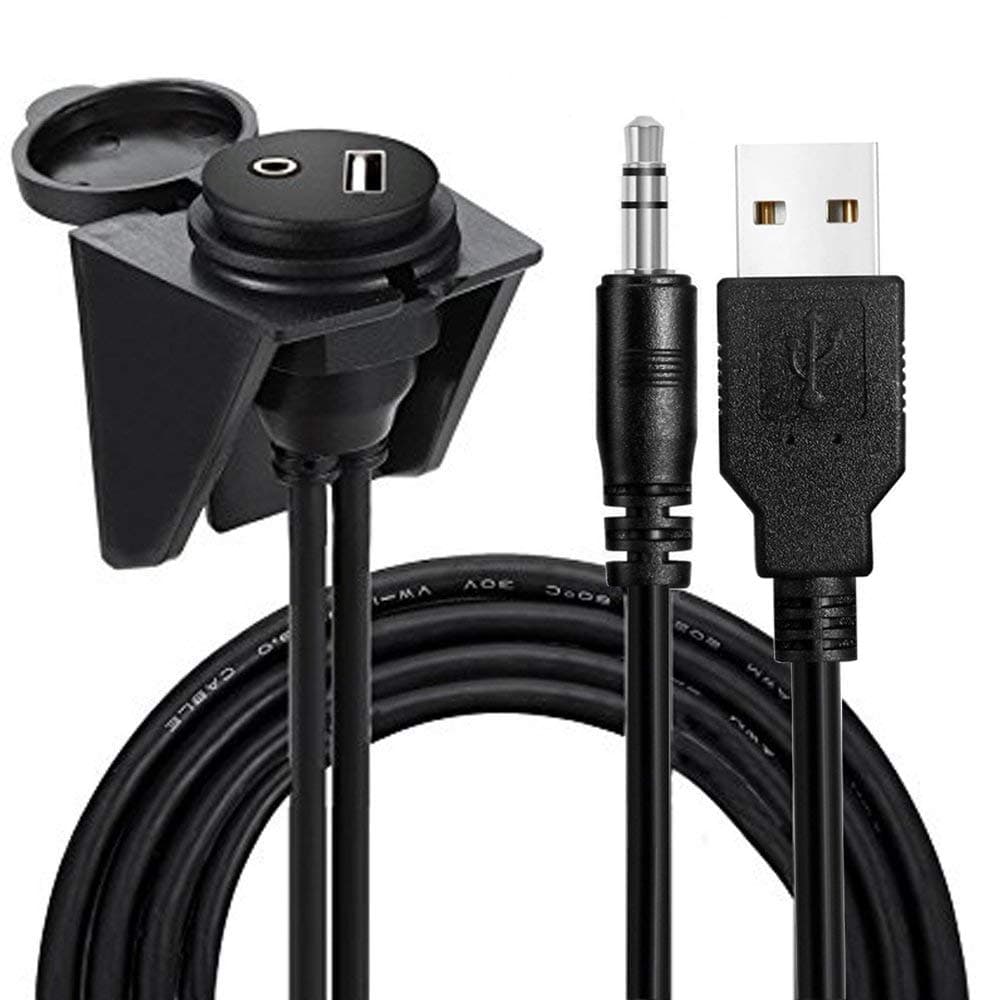 USB Mount Cable -Alait 2M 6 Feet USB and 3.5mm Aux Extention Mount, Flush, Dash, Panel Mount Cable for Car, Boat, Motorcycle