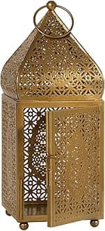 Serene Spaces Living Moroccan Lightweight Thin Gold Ornate Candle Lantern, Antique Gold Lantern, Decorative Candle Holders for Indian Wedding, Eid, Ramadan, Events, 4.5" Diameter & 12" Tall