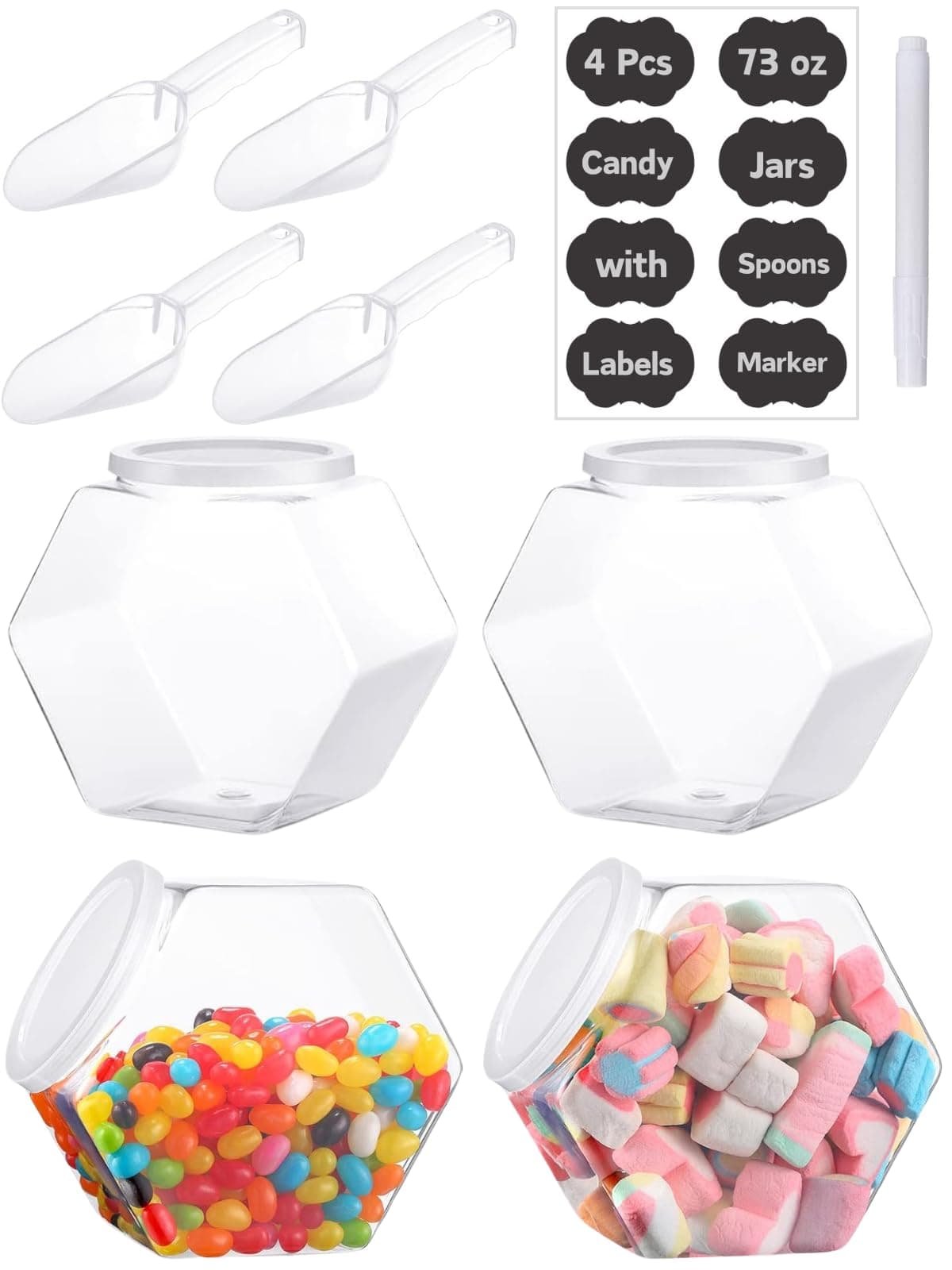 4pcs Plastics Candy Jars 72 oz with Lid & Spoons, 2200ml Hexagon Plastic Cookie Jars Set Clear with Labels& Pen for Candy, Buffet, Coffee Holder Food Storage