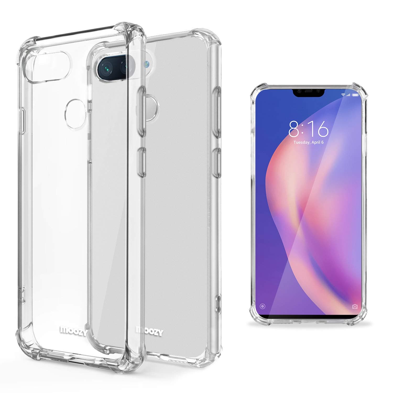Moozy Shock Proof Silicone Case for Xiaomi Mi 8 Lite, Mi 8 Youth, Mi 8X - Transparent Case with Shock Absorbing 3D Corners Crystal Clear Protective Phone Case Soft TPU Silicone Cover