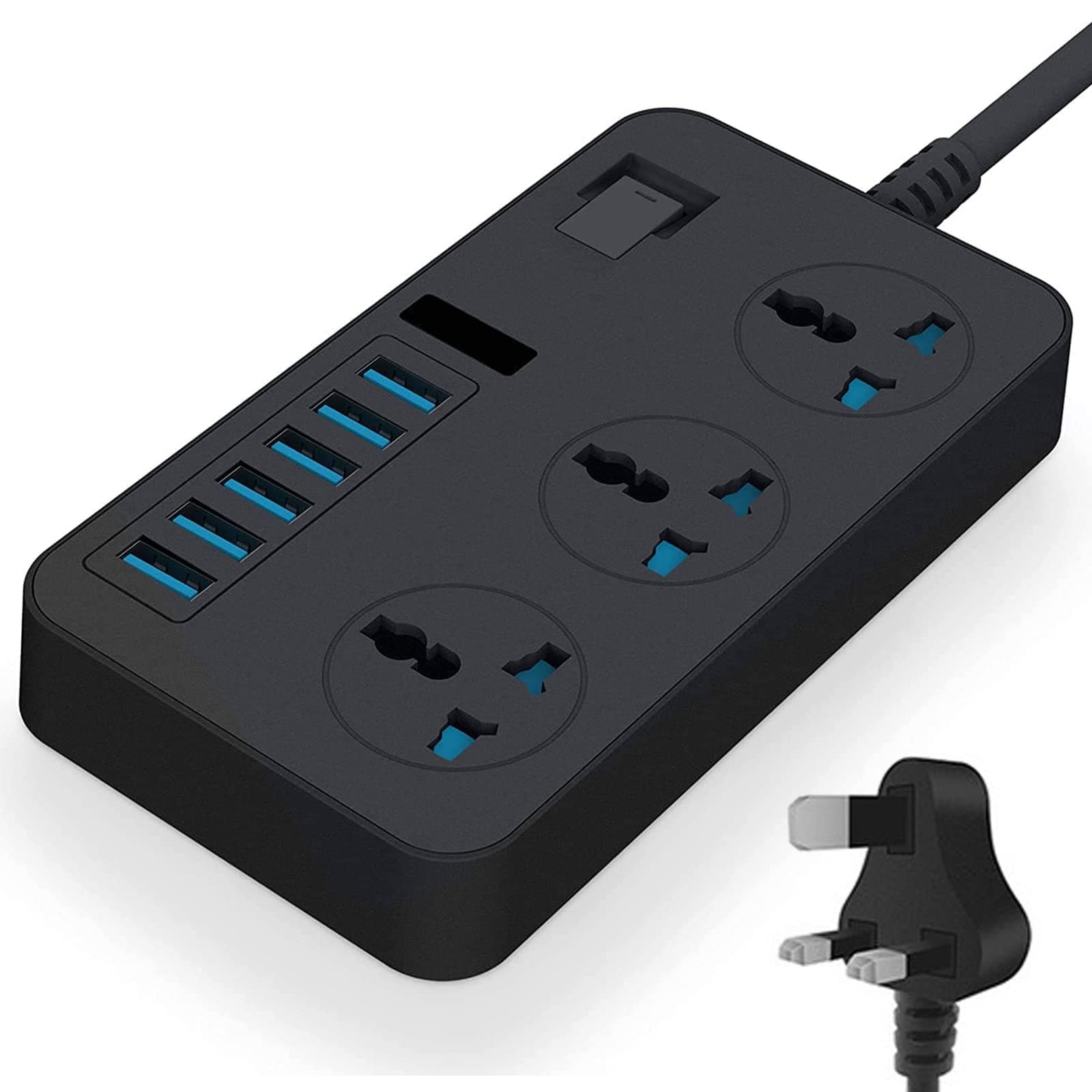BURDEAN Universal Power Strip 3 Way Outlets 6 USB Plug Ports 3000W/16A, Surge Protector Power Socket Switch Portable Charger with 2M Wall Plug Adapter Extension Cord, Fuse & Shutter Extension Lead