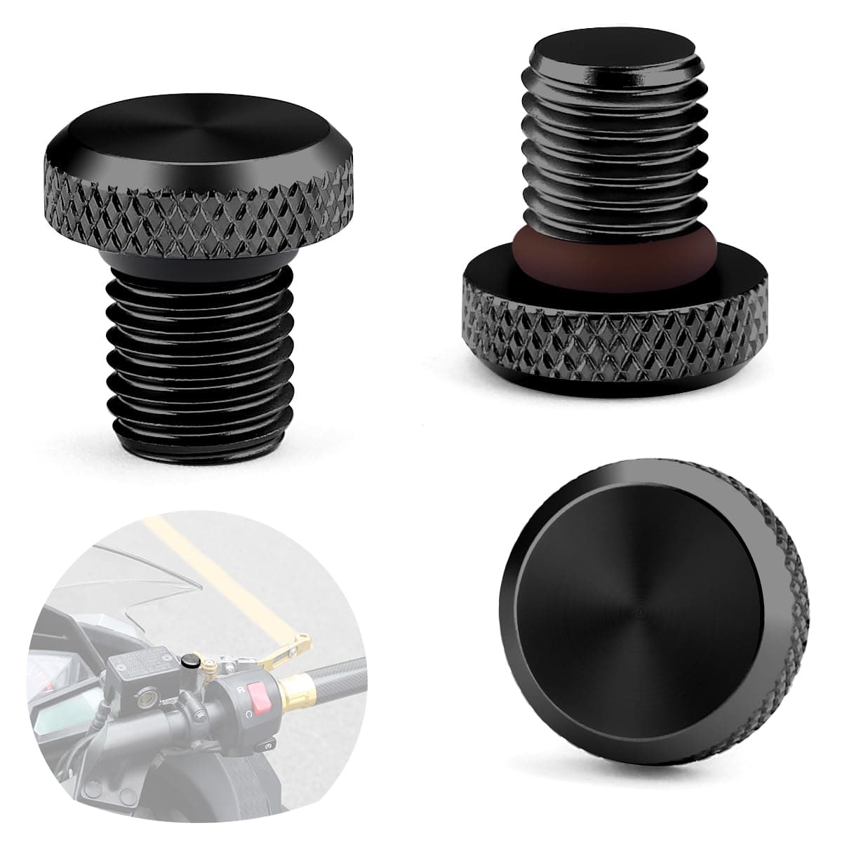 3 Pcs Motorcycle Mirror Hole Plug M10x1.25, Universal Space Aluminum Motorcycle Rear view Mirror Screws Suitable for most Motorcycle(Honda,Yamaha, Kawasaki, Suzuki,Ducati) ATV and bike etc(black)