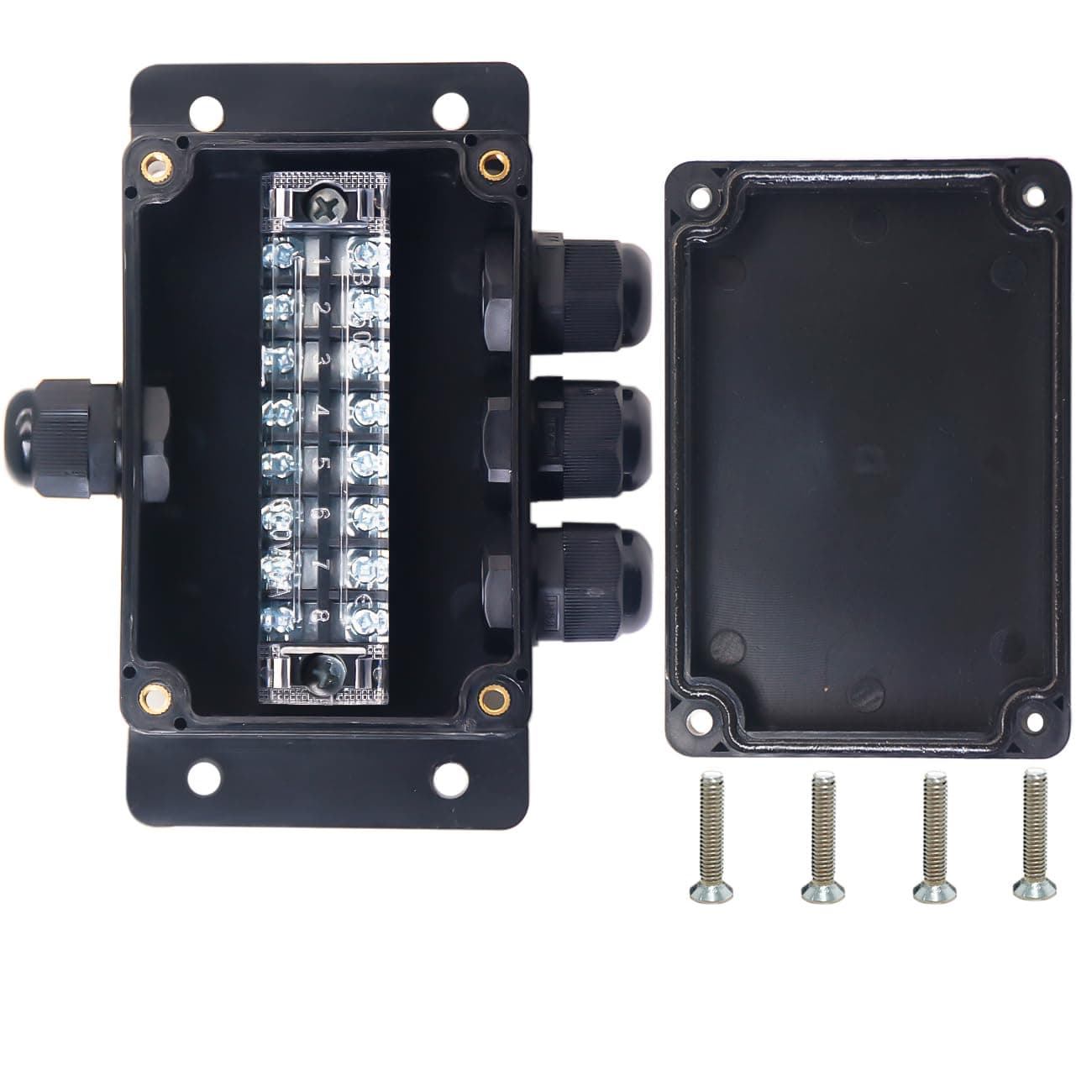 Watertight Junction Box, IP67 Waterproof Electrical Project Box with 8P 15A Barrier Terminals,1 in/3 Out Cable Glands Electronic Enclosure 3.94" x 2.68" x 1.97"