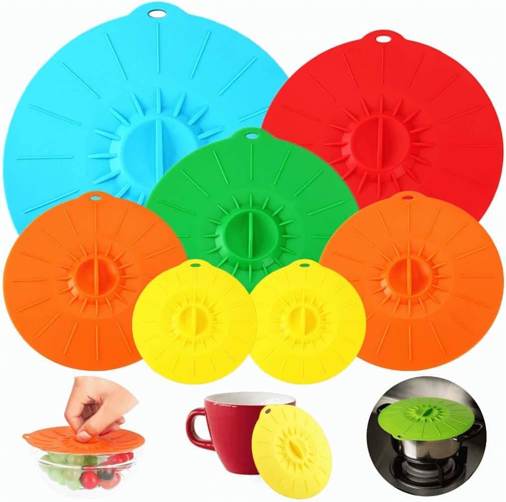 7 Pack Silicone Lids, Microwave Splatter Cover, 5 Sizes Reusable Heat Resistant Food Suction Lids fits Cups, Bowls, Plates, Pots, Pans, Skillets, Stove Top, Oven, Fridge, BPA Free