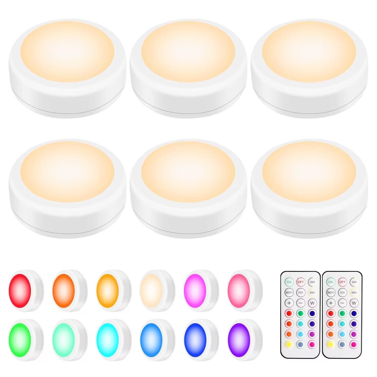 BLS LED Puck Lights with Remote Control, Wireless Under Cabinet & Closet Lighting, RGB 13 Color Changing Lights with Dimmer, Timer & AA Battery Operated, Push, Touch, Stick on for Night, White, 6 Pack