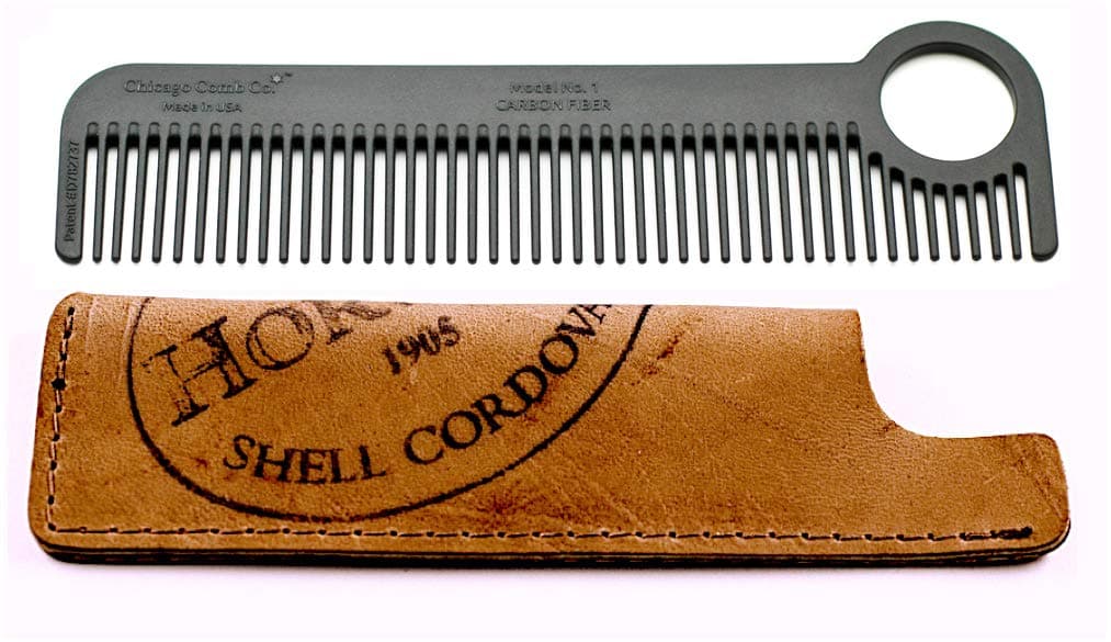 Chicago Comb Model 1 Carbon Fiber Comb + Horween Shell Cordovan Color No. 8 sheath, Made in USA, ultimate pocket & travel comb, smooth strong & light, anti-static, premium American leather