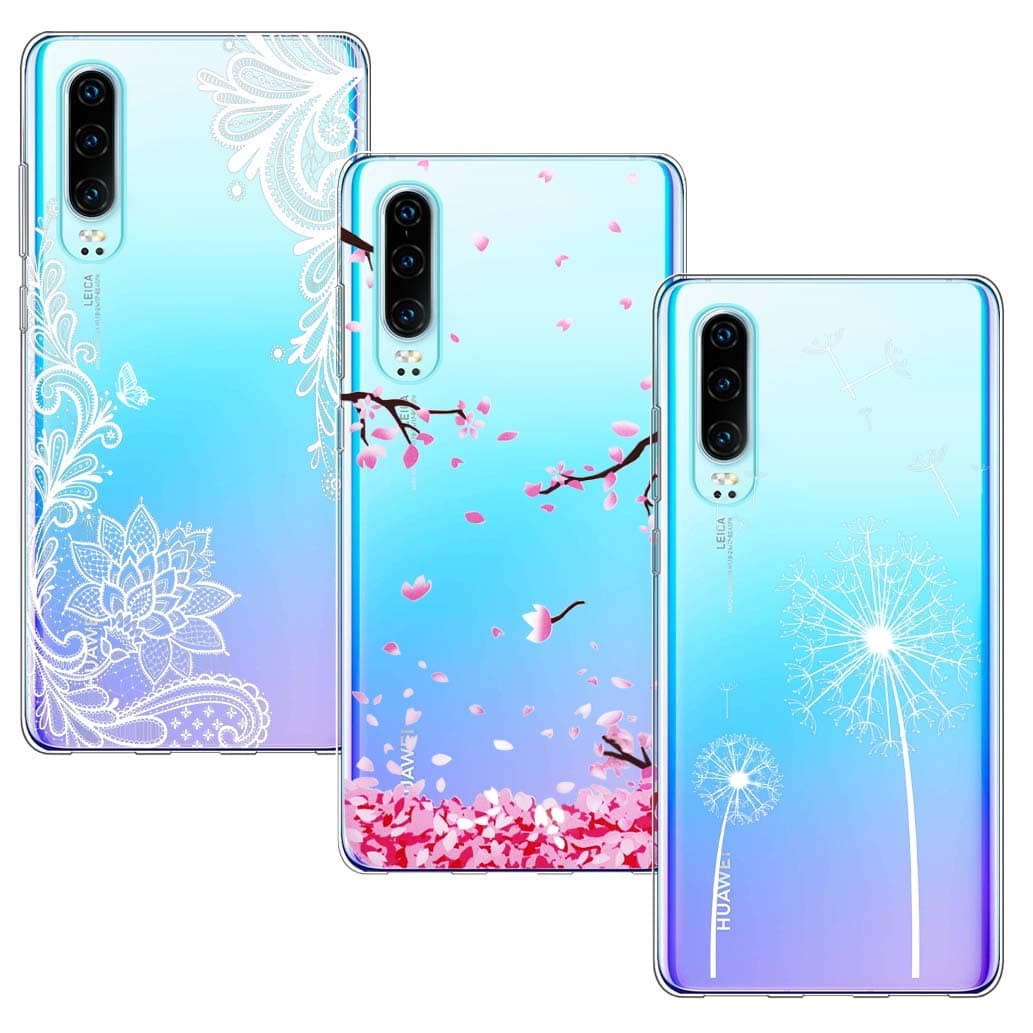 Yoowei 3-PACK for Huawei P30 Case, Ultra Thin Crystal Clear Soft TPU Silicone Case with Stylish Cute Pattern Protective Cover for Huawei P30 - Cherry Blossom, Dandelion & White Flower