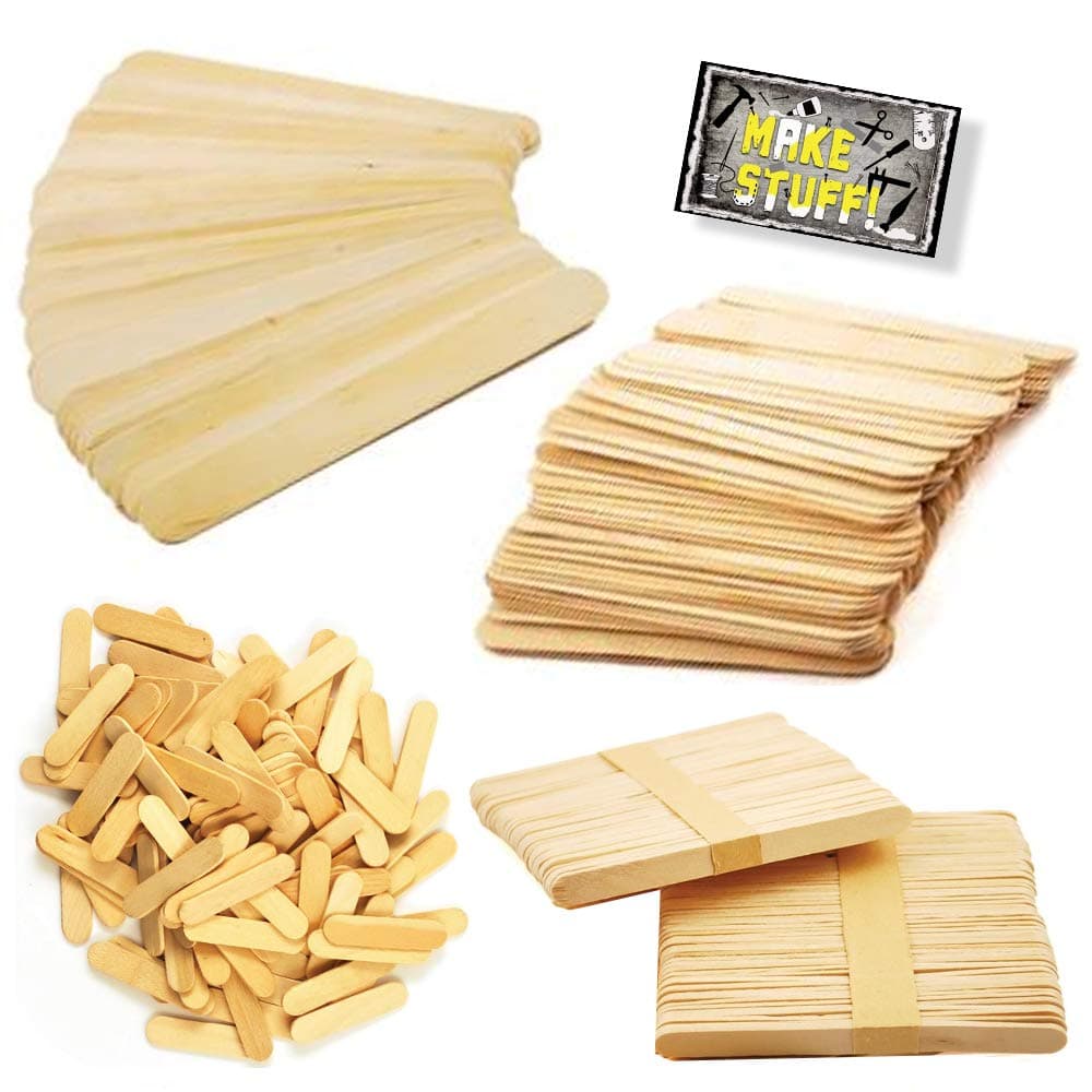 Craft Sticks, Assorted Sizes- Extra Jumbo (25-ct), Jumbo (50-ct), Regular (100-ct) and Mini (120-ct)-Natural Wood, 4-Pack Bundle with 'Make Stuff' Magnet
