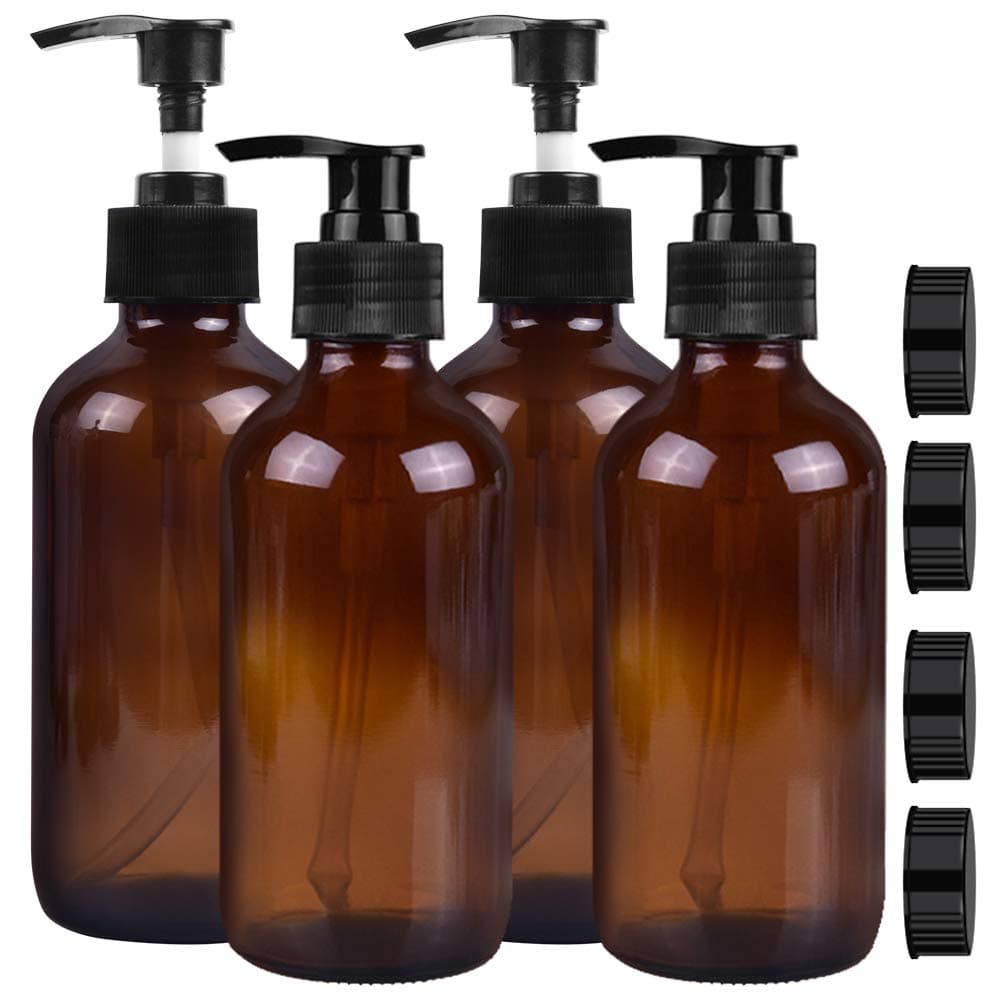 Empty Amber Glass Pump Bottles, 8oz Pump Bottles,Pack of 4,Refillable Containers