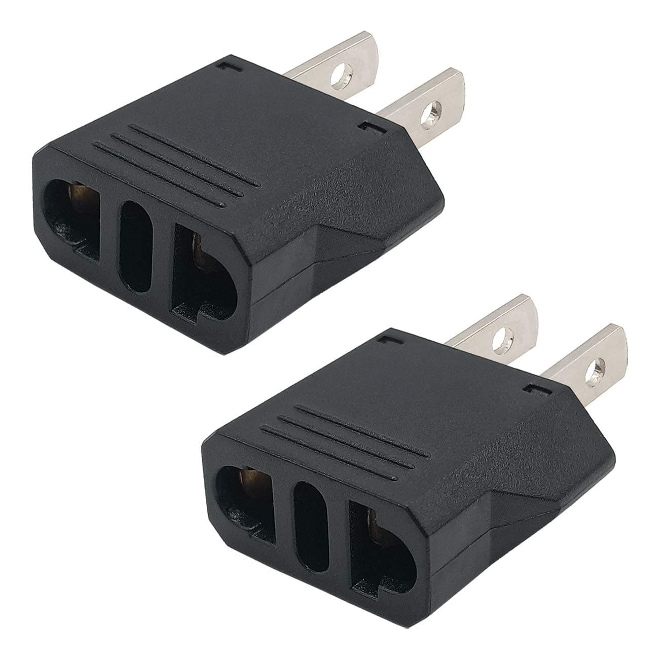 YXTH European to US Plug Adapter, Black, 2-Pack, Type E/F to Type A/B, Fireproof, CE Certified, 120V, 220-240V, 6A, 1.38 x 0.56 x 1.78 IN