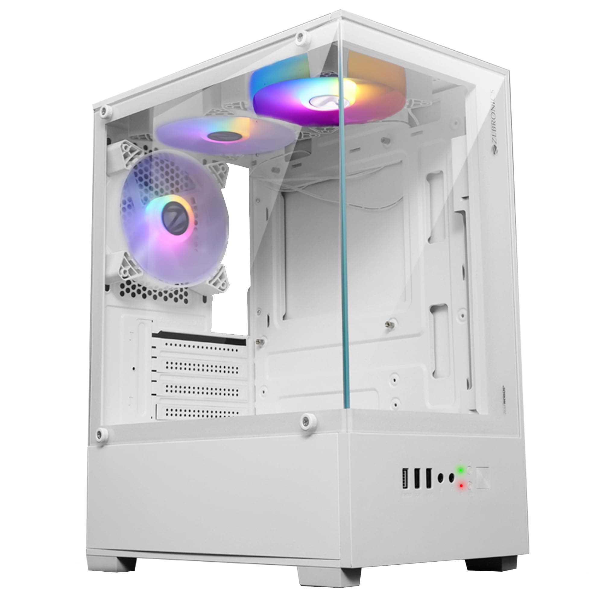 ZEBRONICS ROBUST Premium Gaming Chassis with support for mATX | Mini ITX, Wraparound Tempered Glass, 120mm Multicolor LED Ring Fans, Top Magnetic Dust Filter, 3 Fans Included (White)