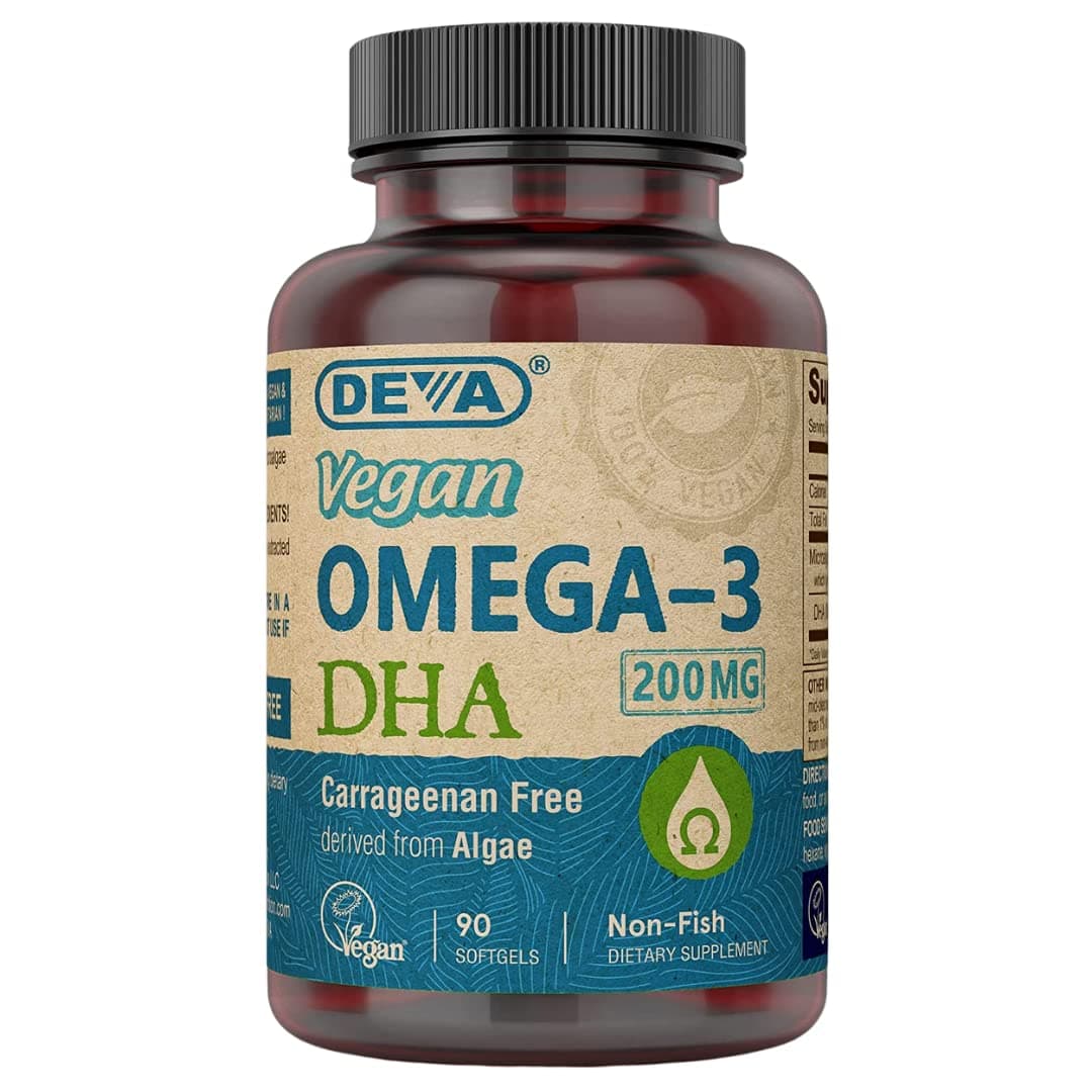 DEVA Vegan Omega-3 DHA Supplement, Once-Per-Day Softgel 200 MG, Carrageenan Free, Gelatin Free, Non-Fish, Algae Oil, Omega-3 Fatty Acids - 90 Softgels