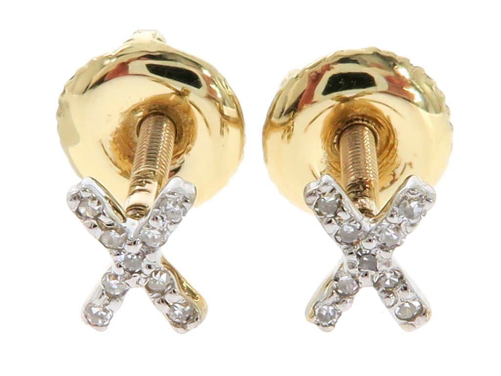 SMALL-TINY 14K Yellow Gold Genuine Real Diamond Initial Letter Stud Earrings With Screw Backs[ASSORTED]