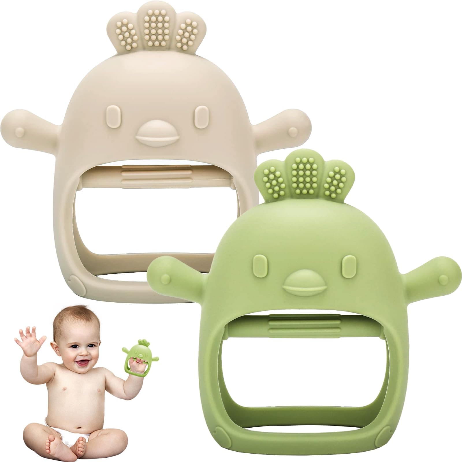 2 Pack Baby Teething Toys, Teething Mitten for Babies, Teether Toy 6-12 Months, Silicone Teethers for Toddler Infant 3Month+, Baby Boy Girl Chew Toys for Sucking Needs (Beige + Green)
