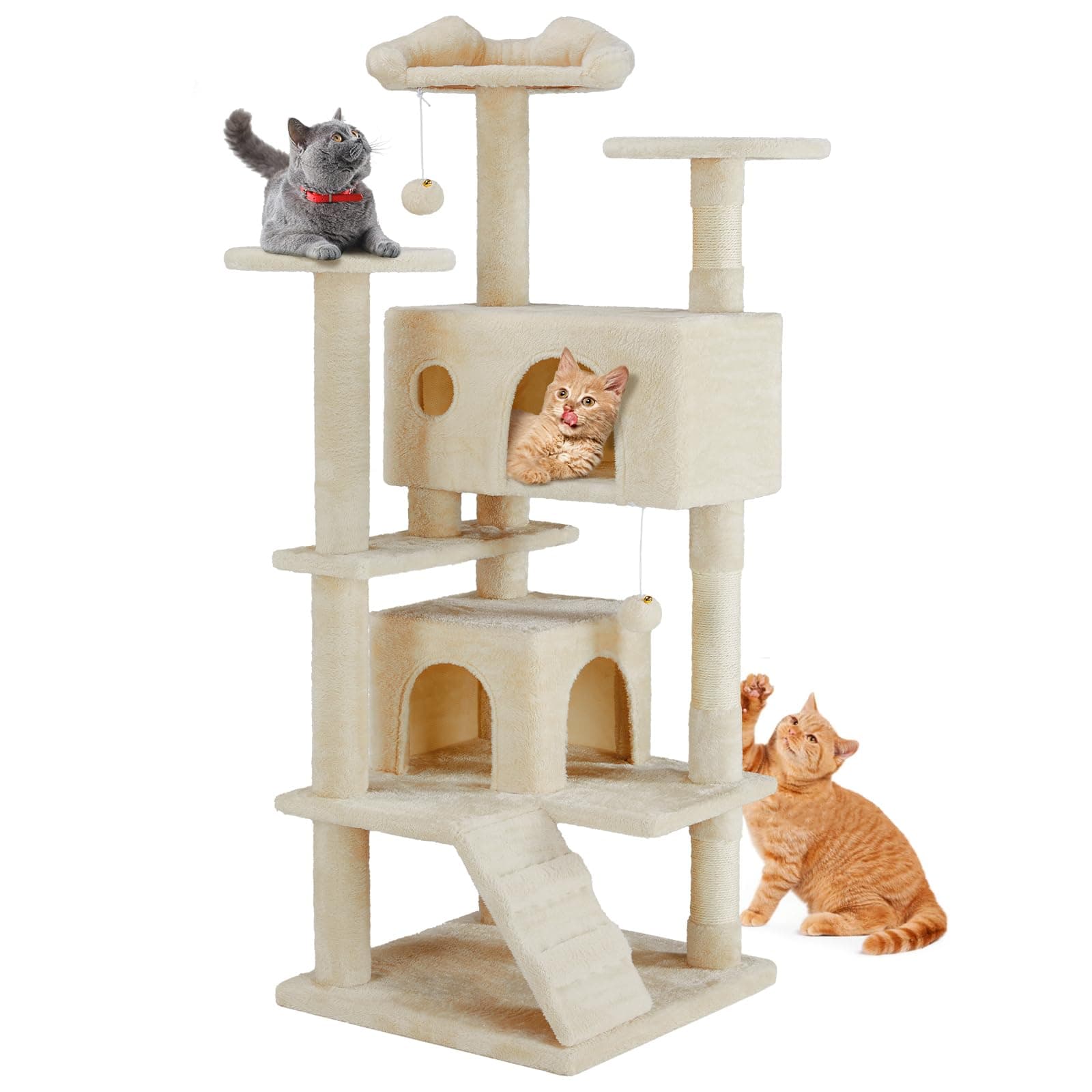 Sweetcrispy 54-Inch Cat Tree Tower – Multi-Level with Sisal Scratching Post, Perfect Pet Gift, Indoor Condo with Climbing Ladder, Plush Toy, and More Animal Stuff, Beige