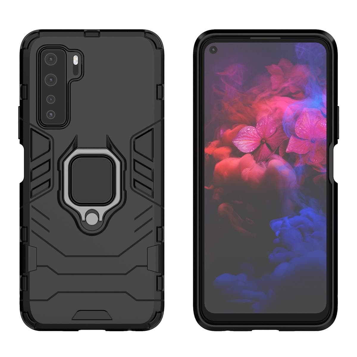 YEESOON Huawei Nova 7 SE Case, Dual Layer Hybrid Shockproof Protective Case with Ring Stand & Magnetic Car Mount Function Back Cover for Huawei Nova 7 SE - Black