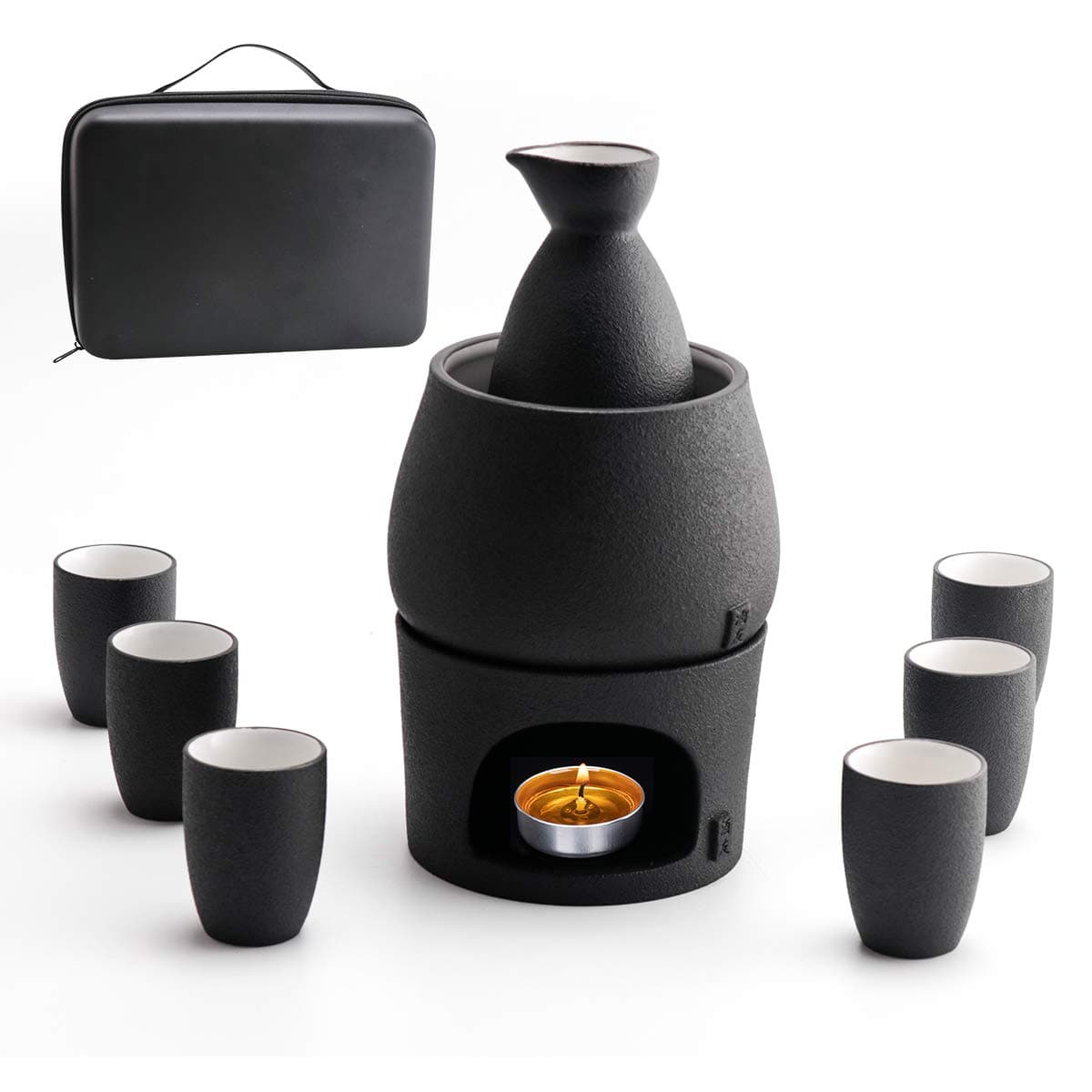Ceramic Sake Set Cups with Warmer + Sake Saki Drink Storage Box, Porcelain Pottery Hot Cold Saki Drink, 9pcs include 1 Stove 1 Warming Bowl 1 Sake Bottle 6 Cup