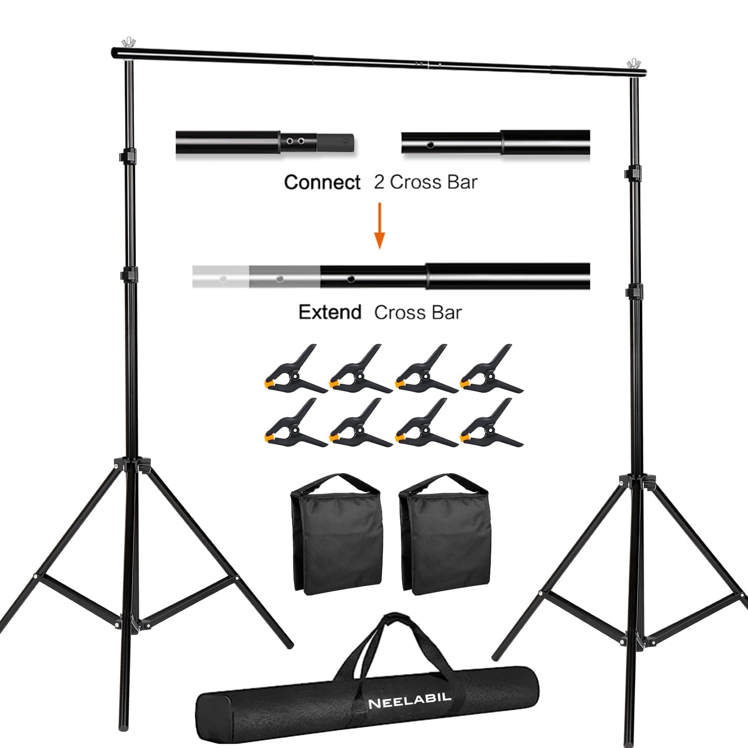 Neelabil Video Studio Heavy Duty Adjustable Muslin Backdrop Stand Background Support System Kit 10x7Ft (WxH) Adjustable Background Stand Backdrop Support System Kit with Carry Bag