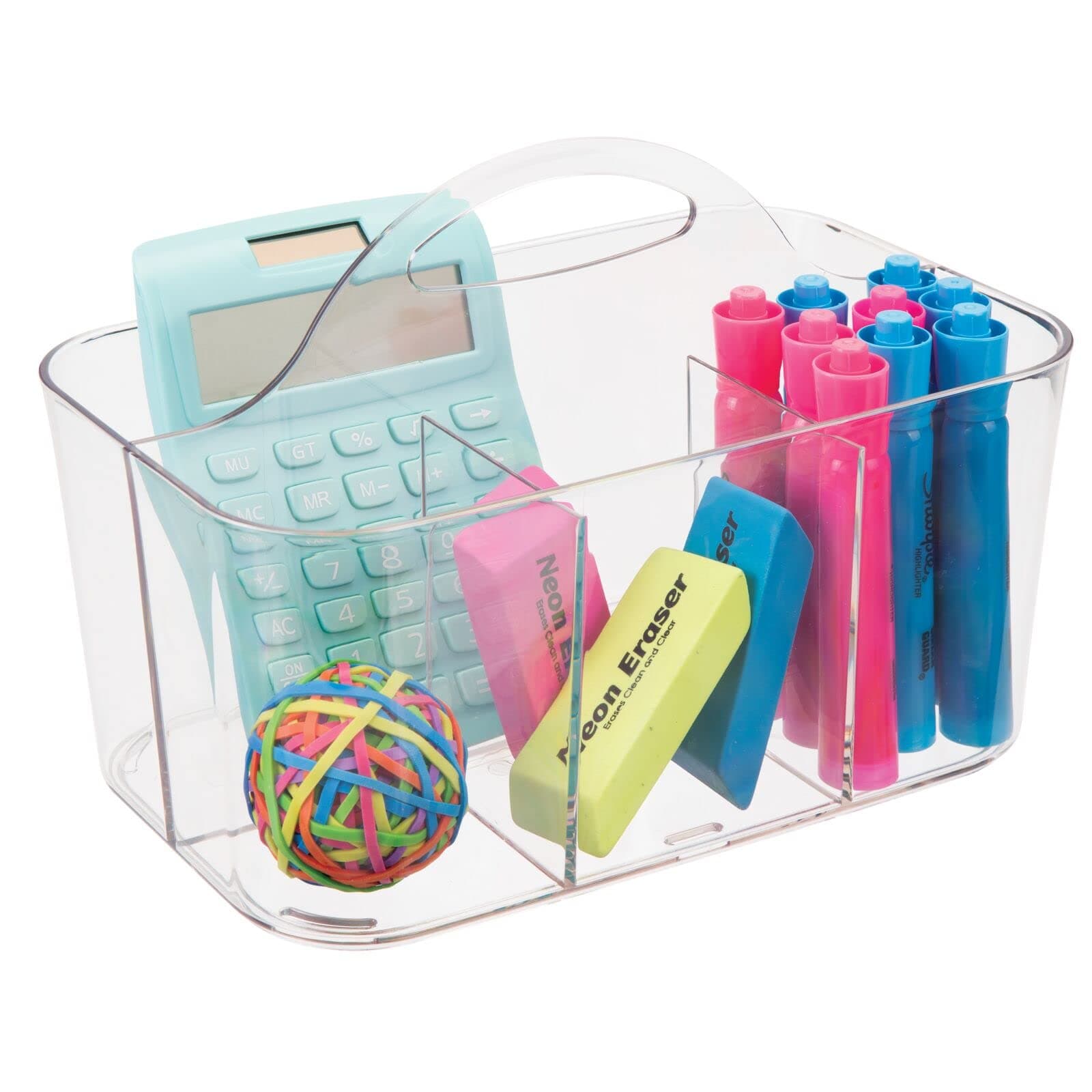 mDesign Plastic Small Office Storage Organizer Utility Tote Caddy Holder With Handle For Cabinets, Desks, Workspaces - Holds Desktop Office Supplies, Pencils, Staplers - Lumiere Collection - Clear
