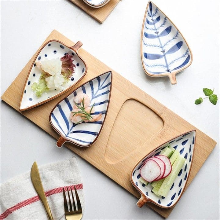 Contemporary Leaf-Shaped Ceramic Blue and White Glossy Serving Platter with Wooden Board for Serving Sweets, Cookies, Dry Fruits and Other Snacks (Set of 1 Tray and Small Plates of 8 inches Each)