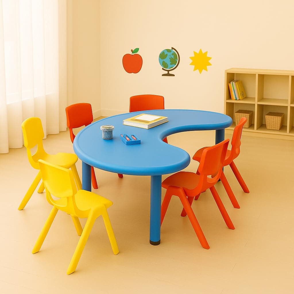 - Kids Half-Moon Table – Front Round Shape, Perfect for Home Use (53 x 20 x 20 inches) – Color May Vary – Chairs NOT Included (1 Table Only)