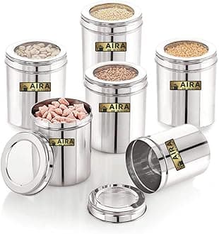 AIRA 500gms Stainless Steel Containers for kitchen with See Through Lid | Kitchen Containers Set | Silver (750ml - 6pcs) Food Grains Capacity - 500gms Approx