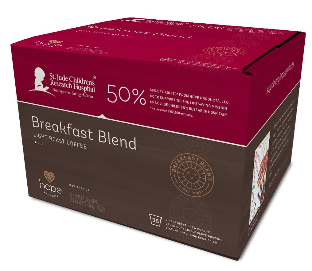 Hope Products Coffee, BREAKFAST BLEND, 36 Count-Single Serve Cups,50% of Profits go to St. Jude Children's Research Hospital