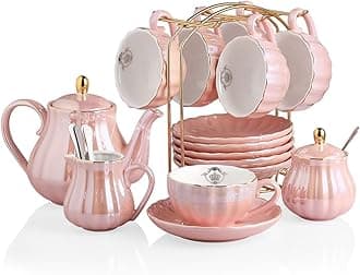 Sweejar Porcelain Tea Sets British Royal Series, 8 OZ Cups& Saucer Service for 6, with Teapot Sugar Bowl Cream Pitcher Teaspoons and tea strainer for Tea/Coffee (Coral Pink)
