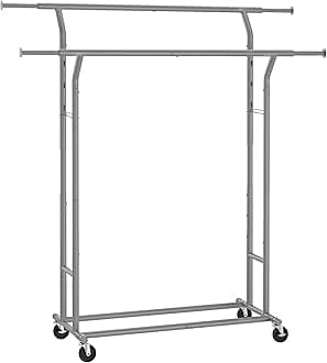 SONGMICS Clothes Rail, Double Clothes Rack on Wheels, Extendable Garment Rack, Heavy-Duty Metal Frame, 110 kg Total Max. Load, 129-169 cm Wide, Dove Grey HSR012G01